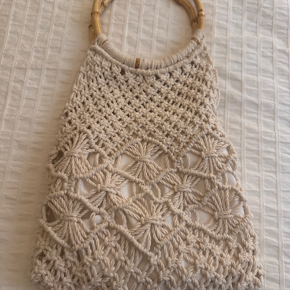 Topshop Cream Macrame Crochet Clutch with Bamboo Handles